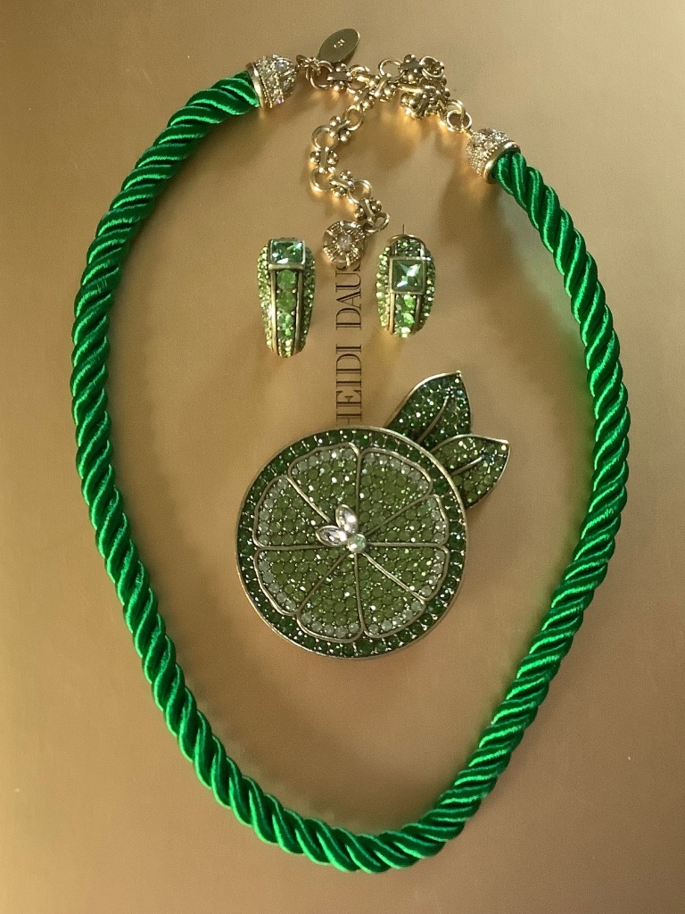 Heidi Daus Summer Time Crystal Pin Earrings And Necklace Cord Green Multi OS